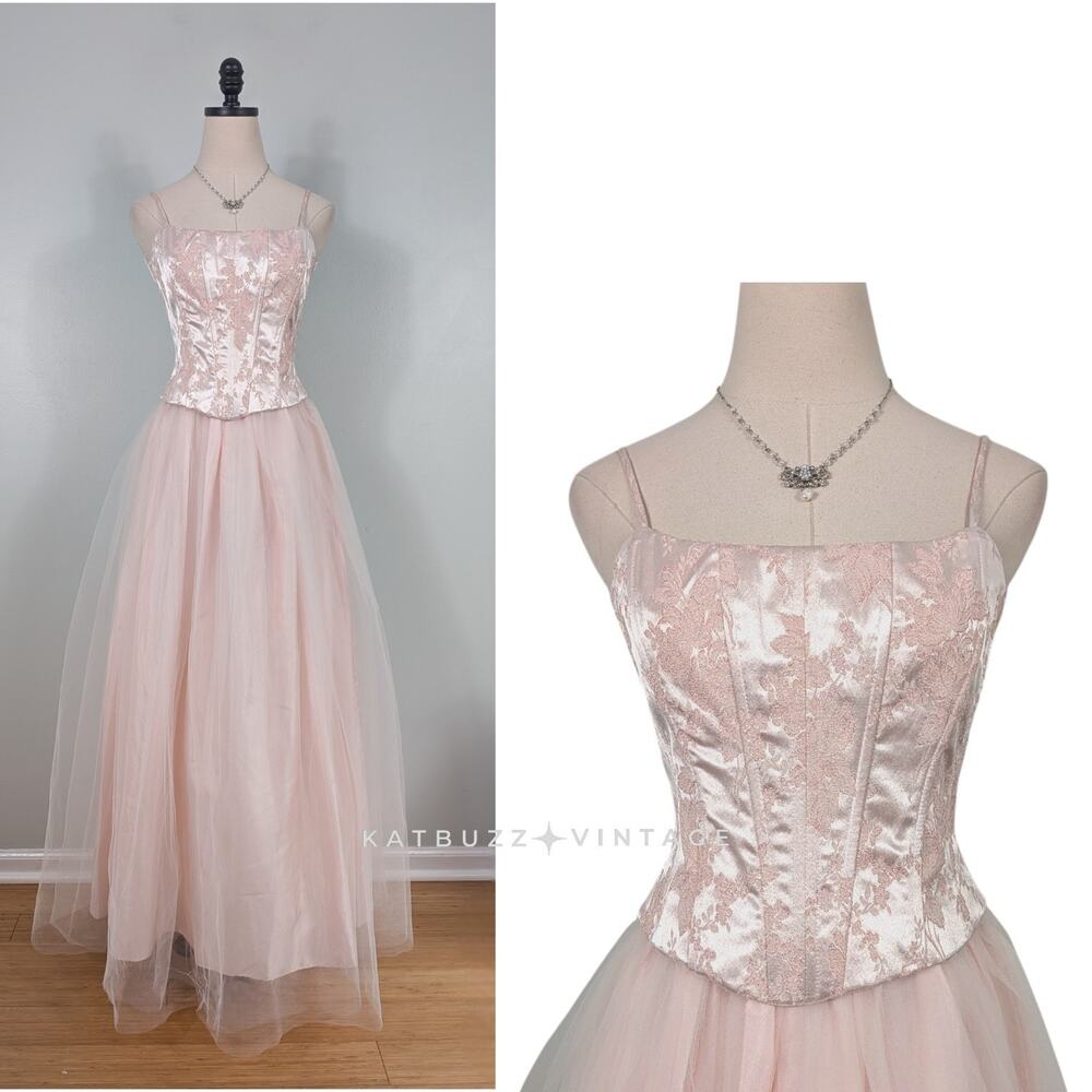 Vintage Prom Dress Maxi Gown 4 Pink Fairy Princess Ballerina Corset Coquette 90S